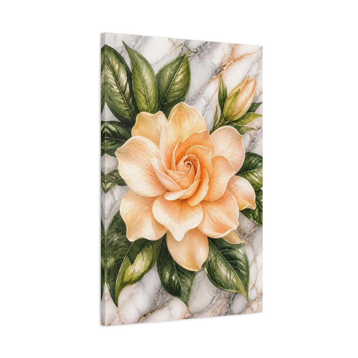Main Mockup. Apricot Gardenia Flowers shown as canvas print