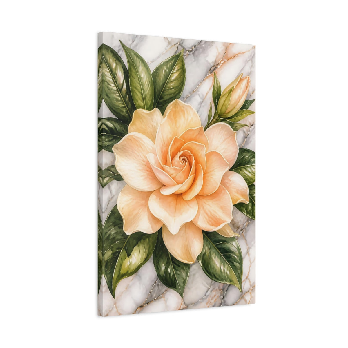 Side Mockup 2. Apricot Gardenia Flowers shown as canvas print