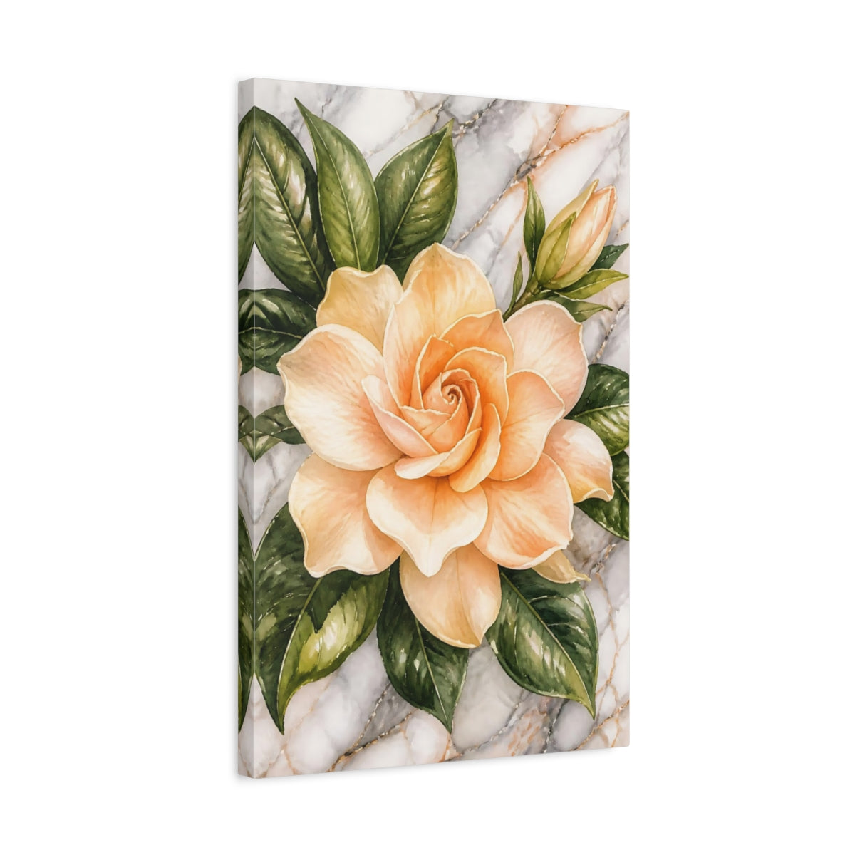 Side Mockup 3. Apricot Gardenia Flowers shown as canvas print