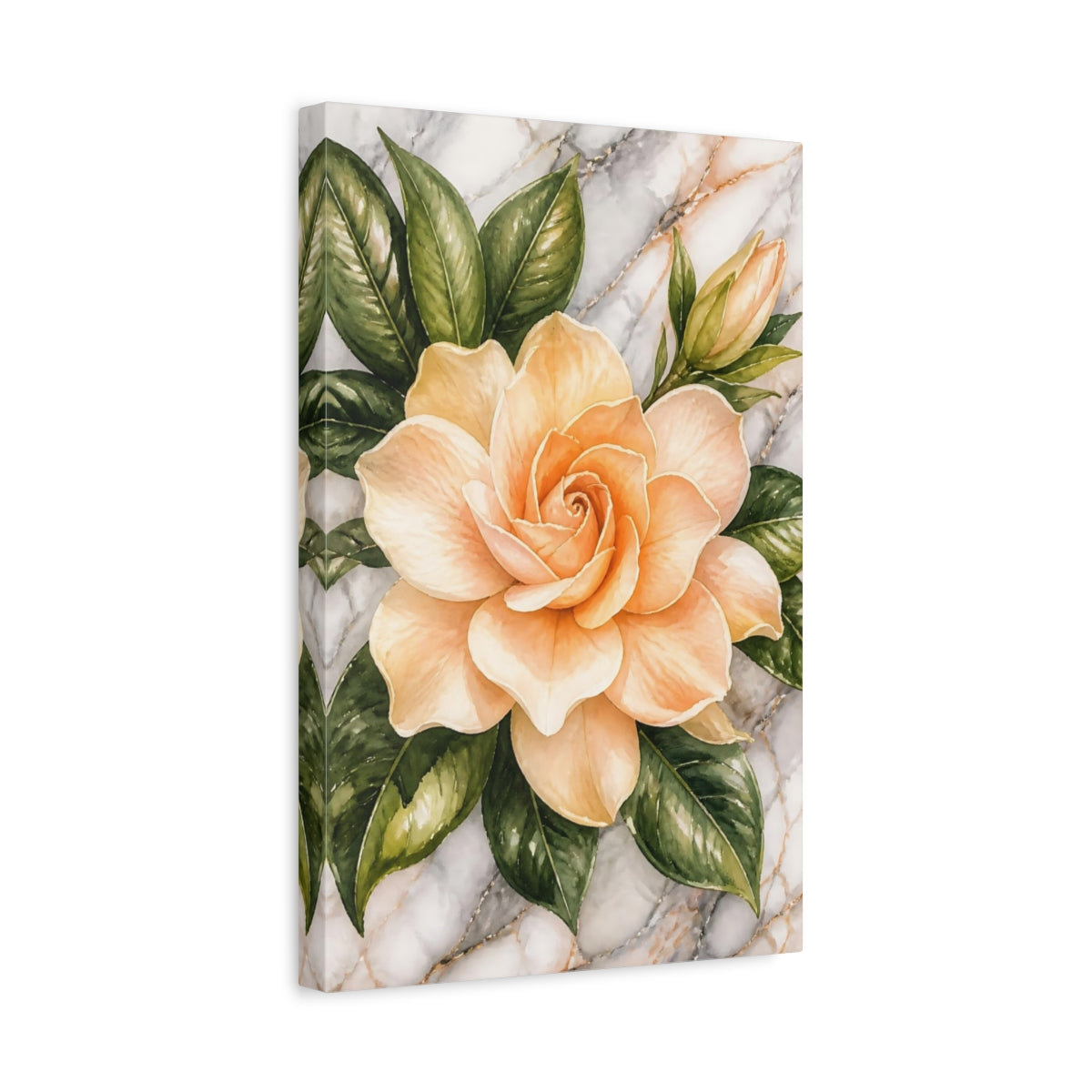 Side Mockup 4. Apricot Gardenia Flowers shown as canvas print