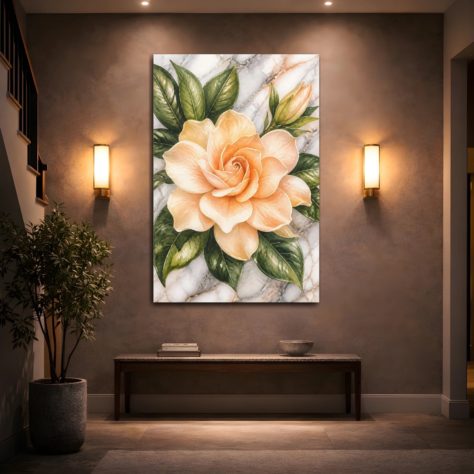 Mockup 2. Apricot Gardenia Flowers shown as canvas print