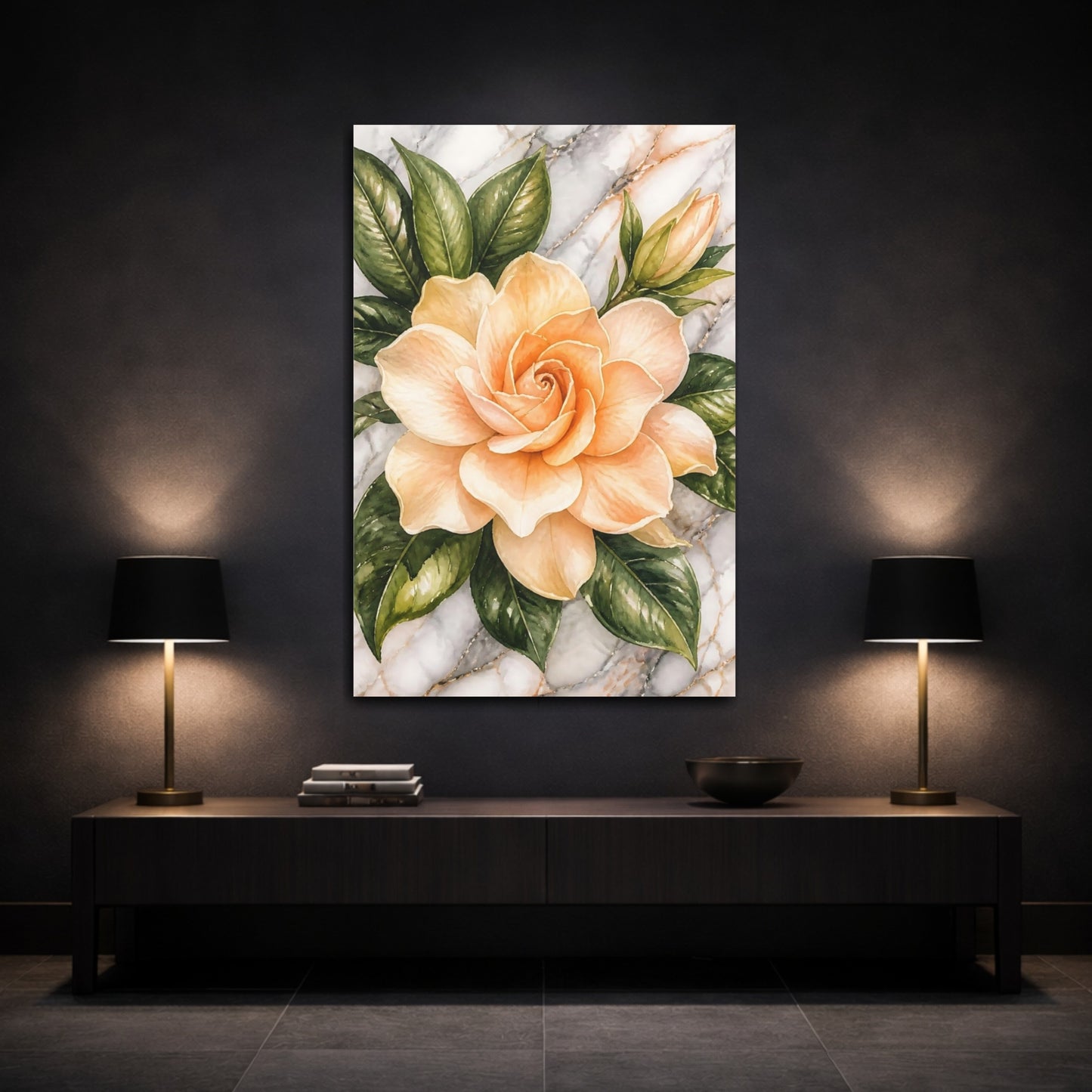 Mockup 3. Apricot Gardenia Flowers shown as canvas print