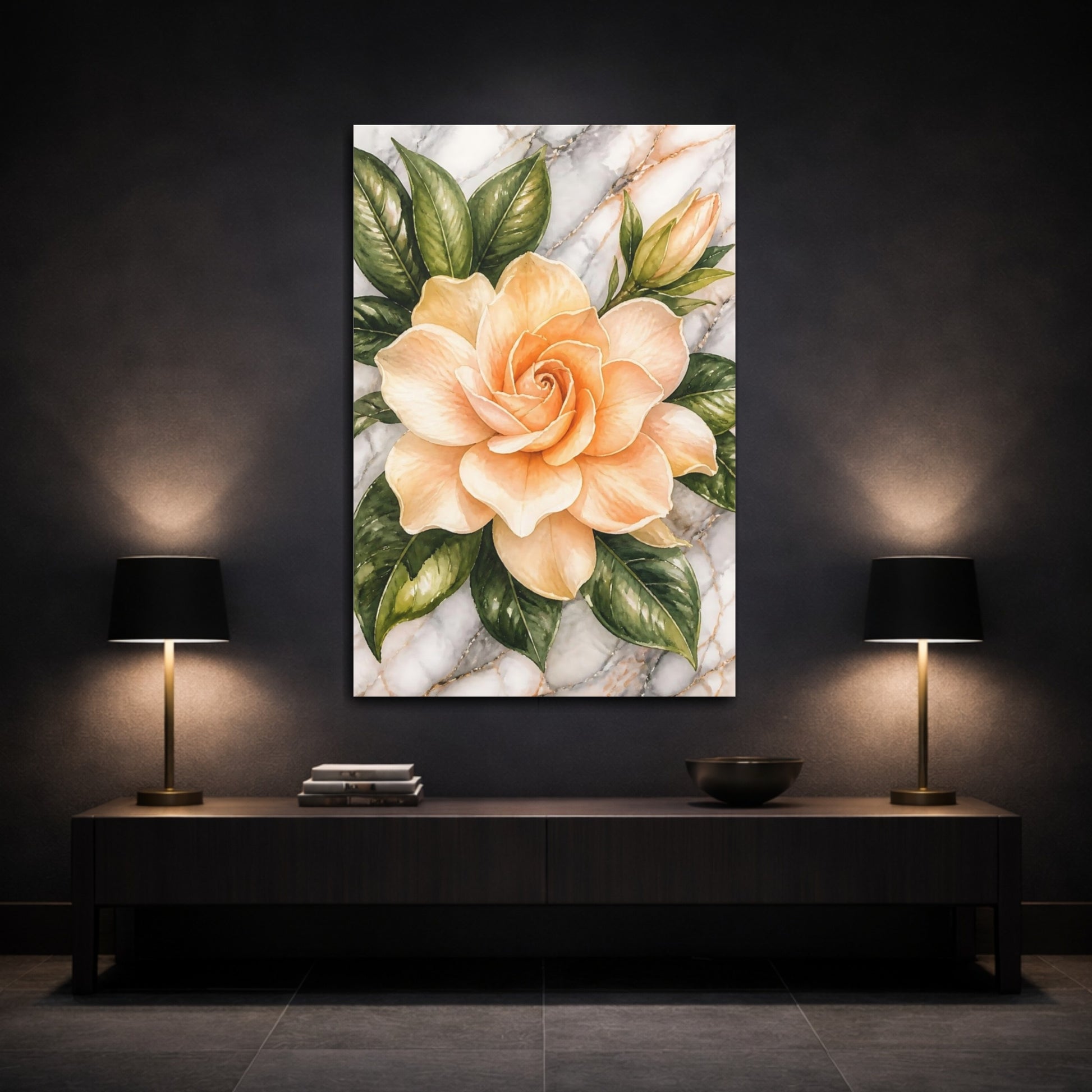Mockup 3. Apricot Gardenia Flowers shown as canvas print