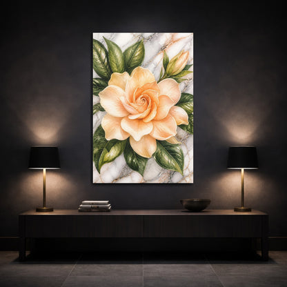 Mockup 3. Apricot Gardenia Flowers shown as canvas print