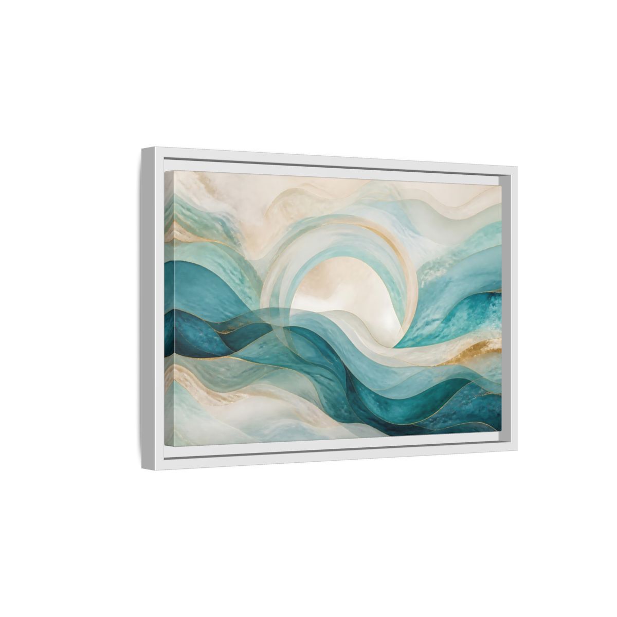 Side Mockup 4. Aqua Flowing Arc shown as framed canvas print