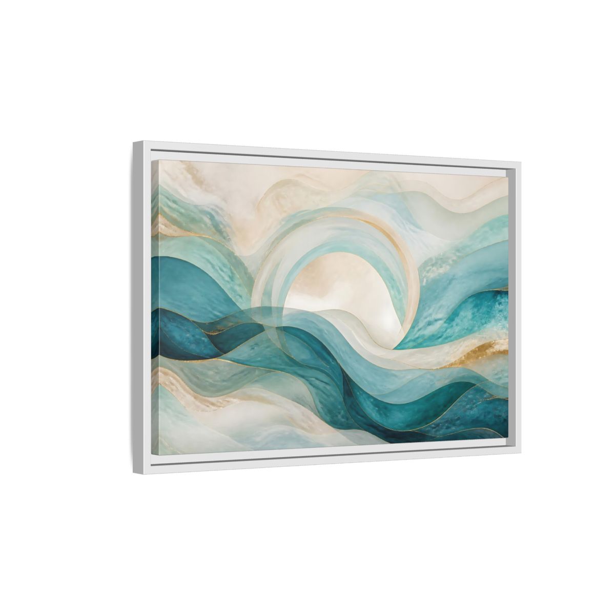 Side Mockup 1. Aqua Flowing Arc shown as framed canvas print
