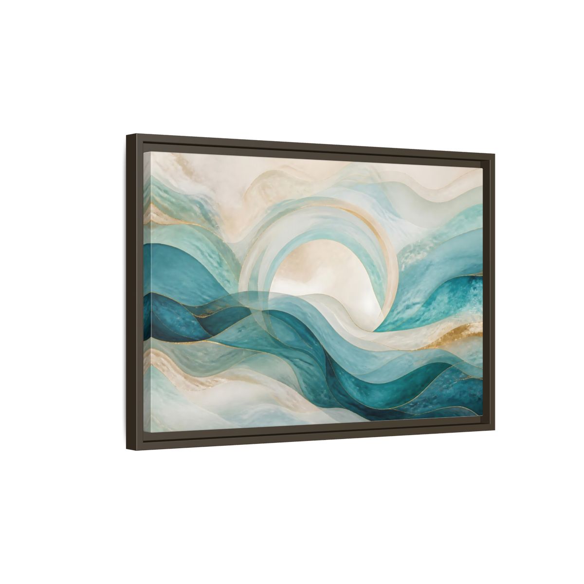 Side Mockup 2. Aqua Flowing Arc shown as framed canvas print