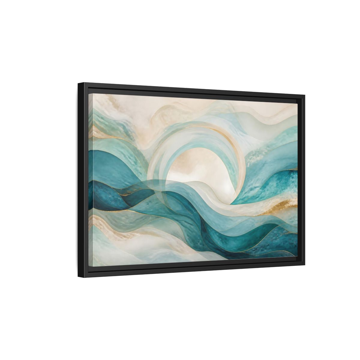Side Mockup 3. Aqua Flowing Arc shown as framed canvas print
