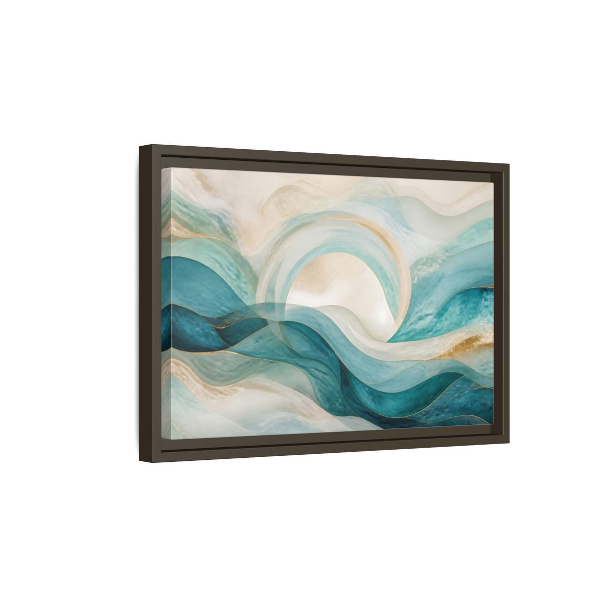 Side Mockup 5. Aqua Flowing Arc shown as framed canvas print