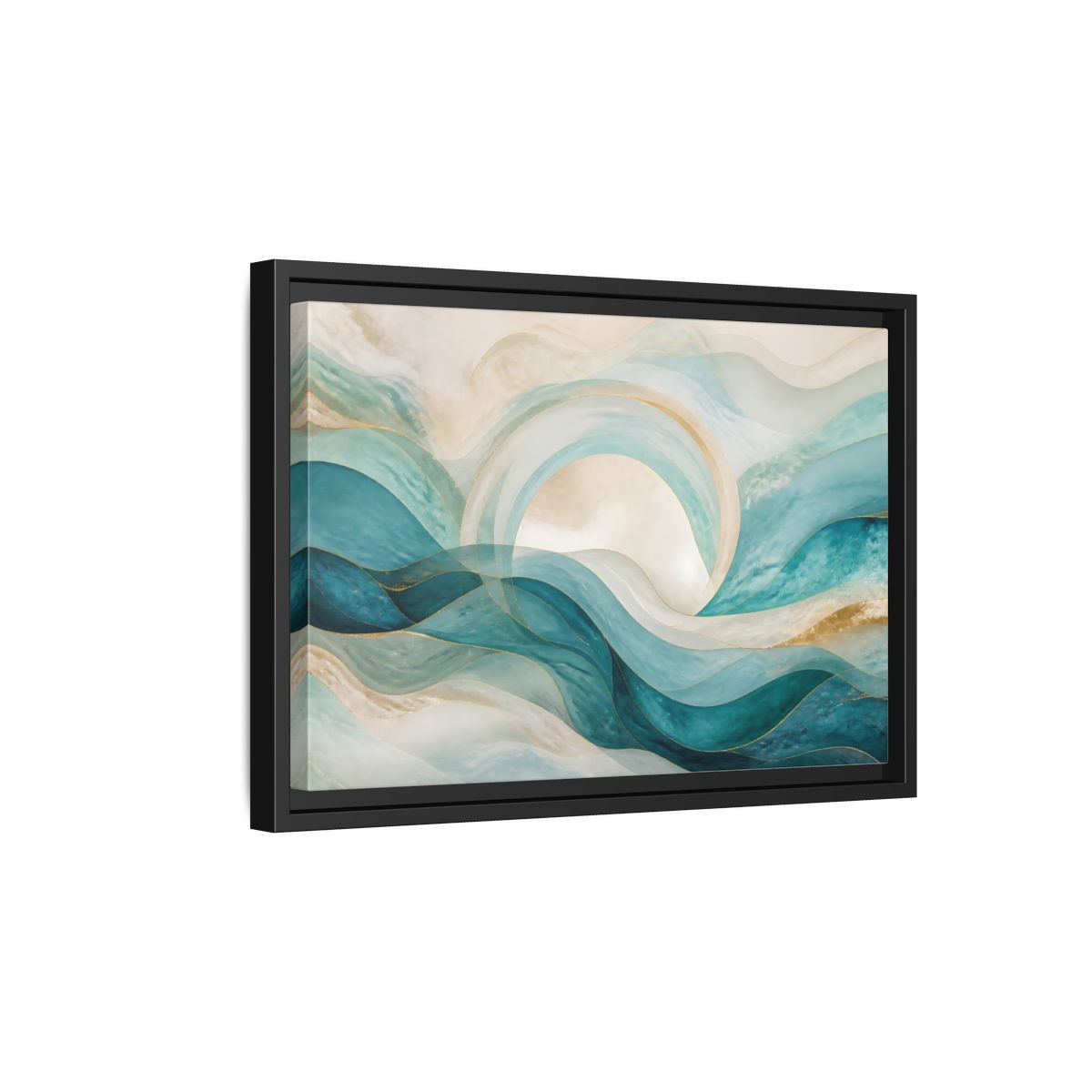 Side Mockup 6. Aqua Flowing Arc shown as framed canvas print