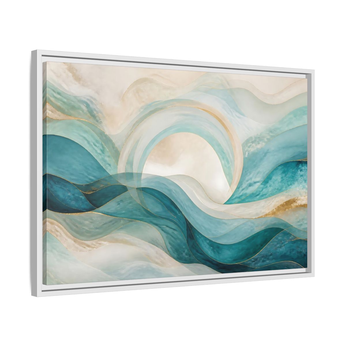 Side Mockup 10. Aqua Flowing Arc shown as framed canvas print