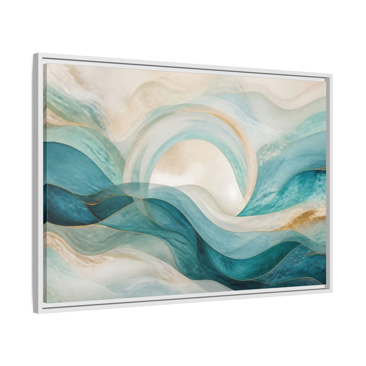 Side Mockup 9. Aqua Flowing Arc shown as framed canvas print