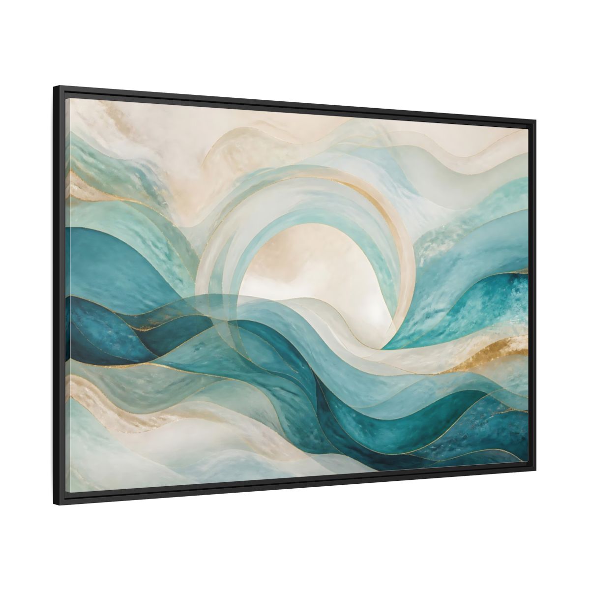 Side Mockup 12. Aqua Flowing Arc shown as framed canvas print