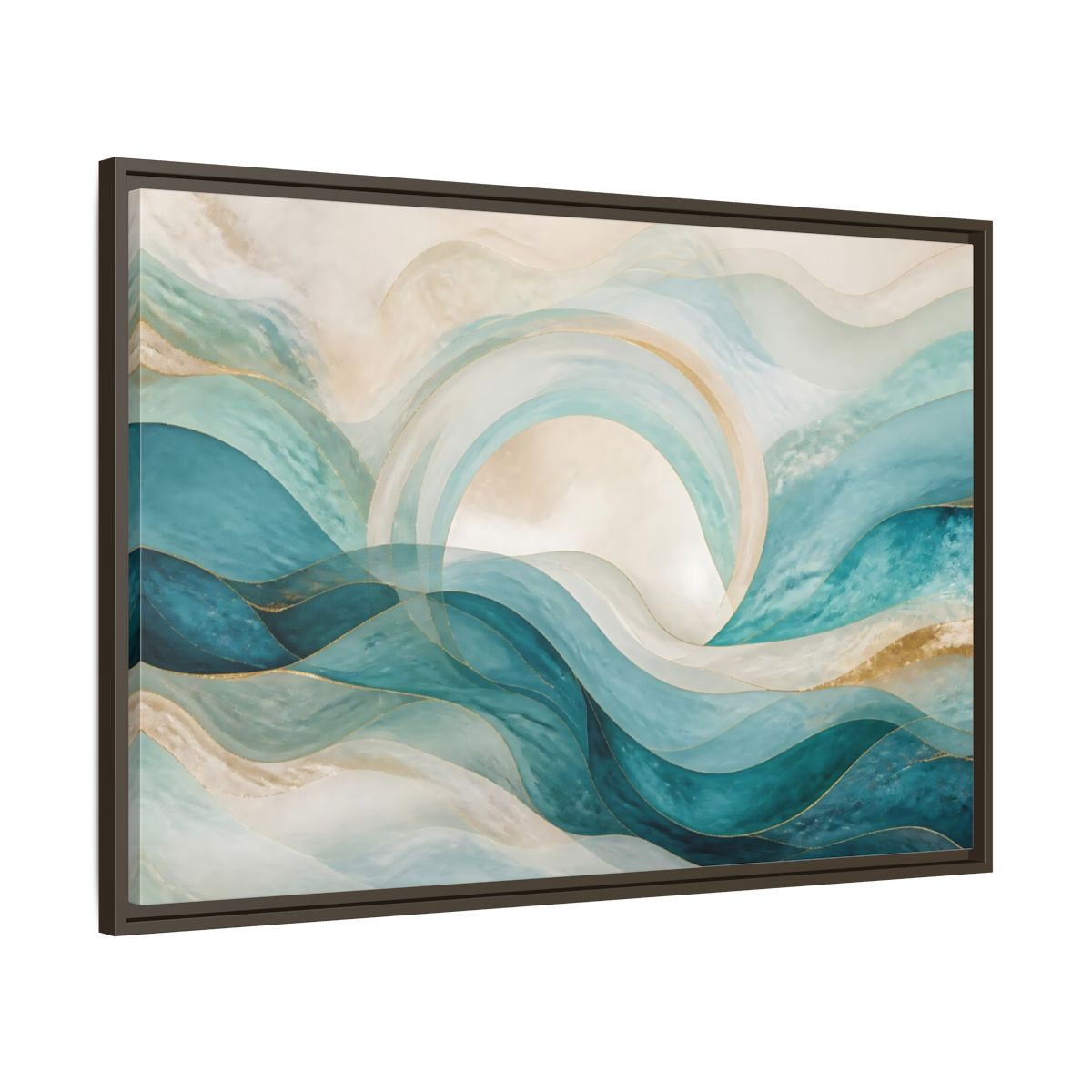 Main Mockup. Aqua Flowing Arc shown as framed canvas print