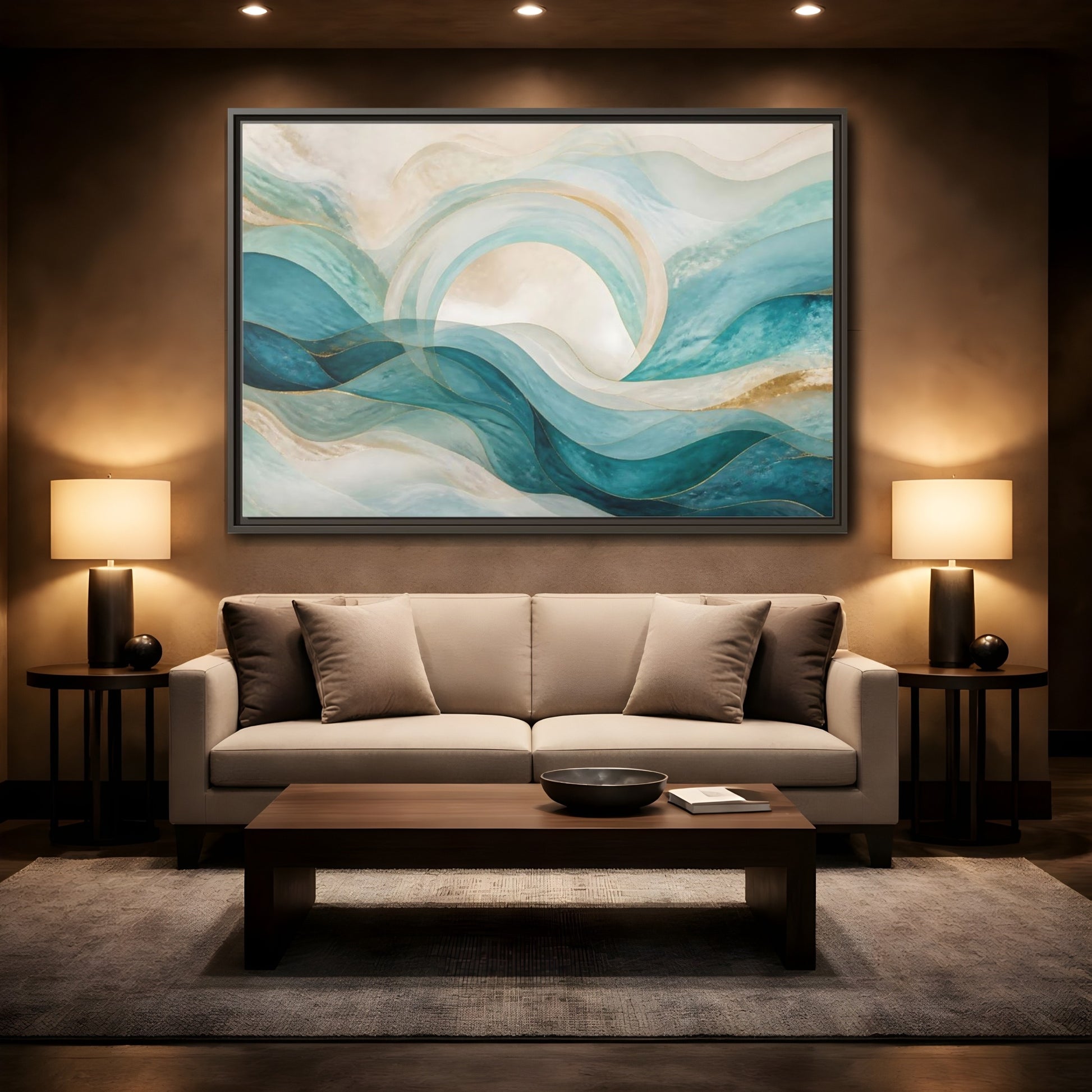 Mockup 2. Aqua Flowing Arc shown as framed canvas print