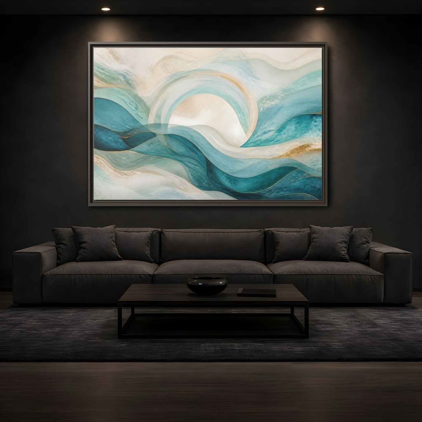 Mockup 3. Aqua Flowing Arc shown as framed canvas print