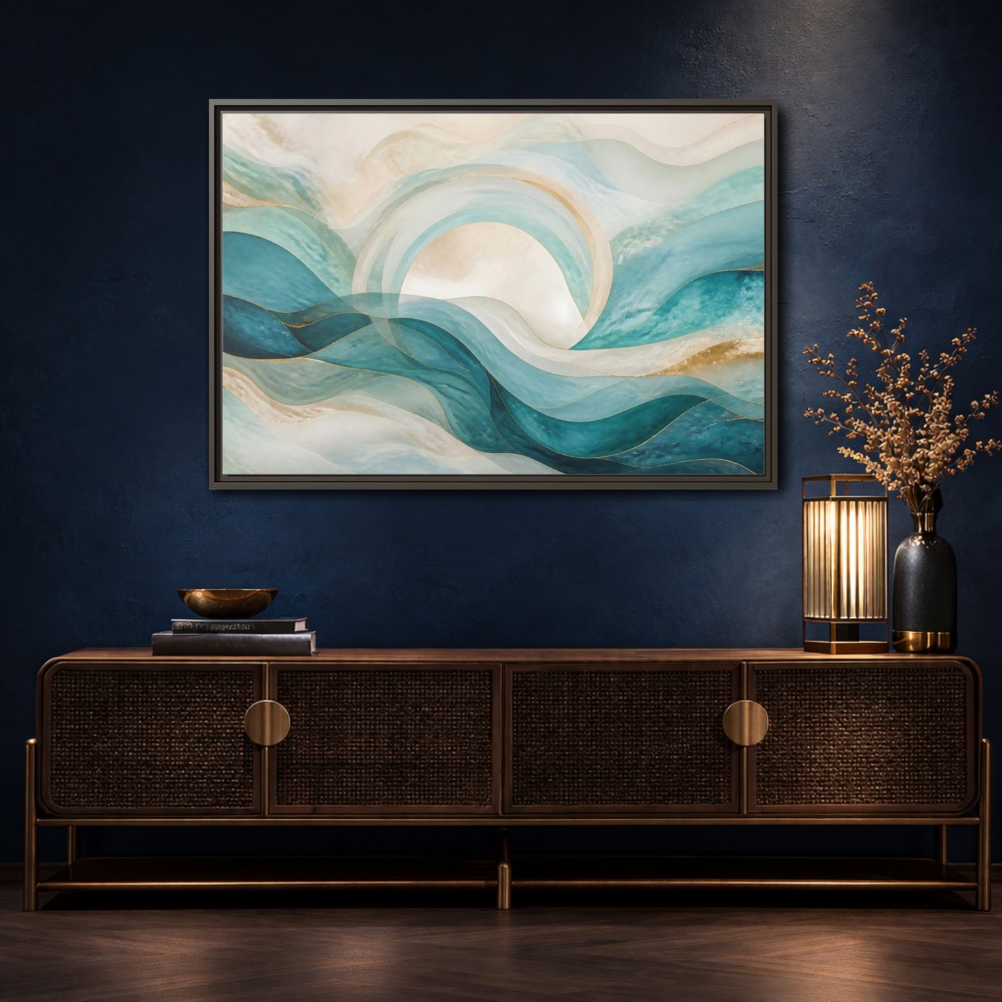 Mockup 4. Aqua Flowing Arc shown as framed canvas print