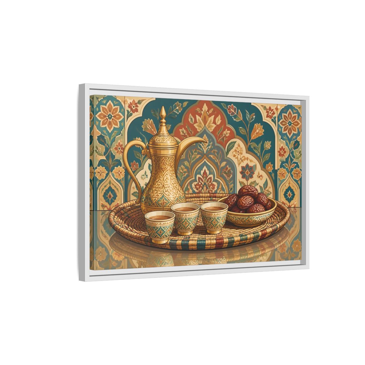 Side Mockup 1. Arabic Coffee And Dates shown as framed canvas print