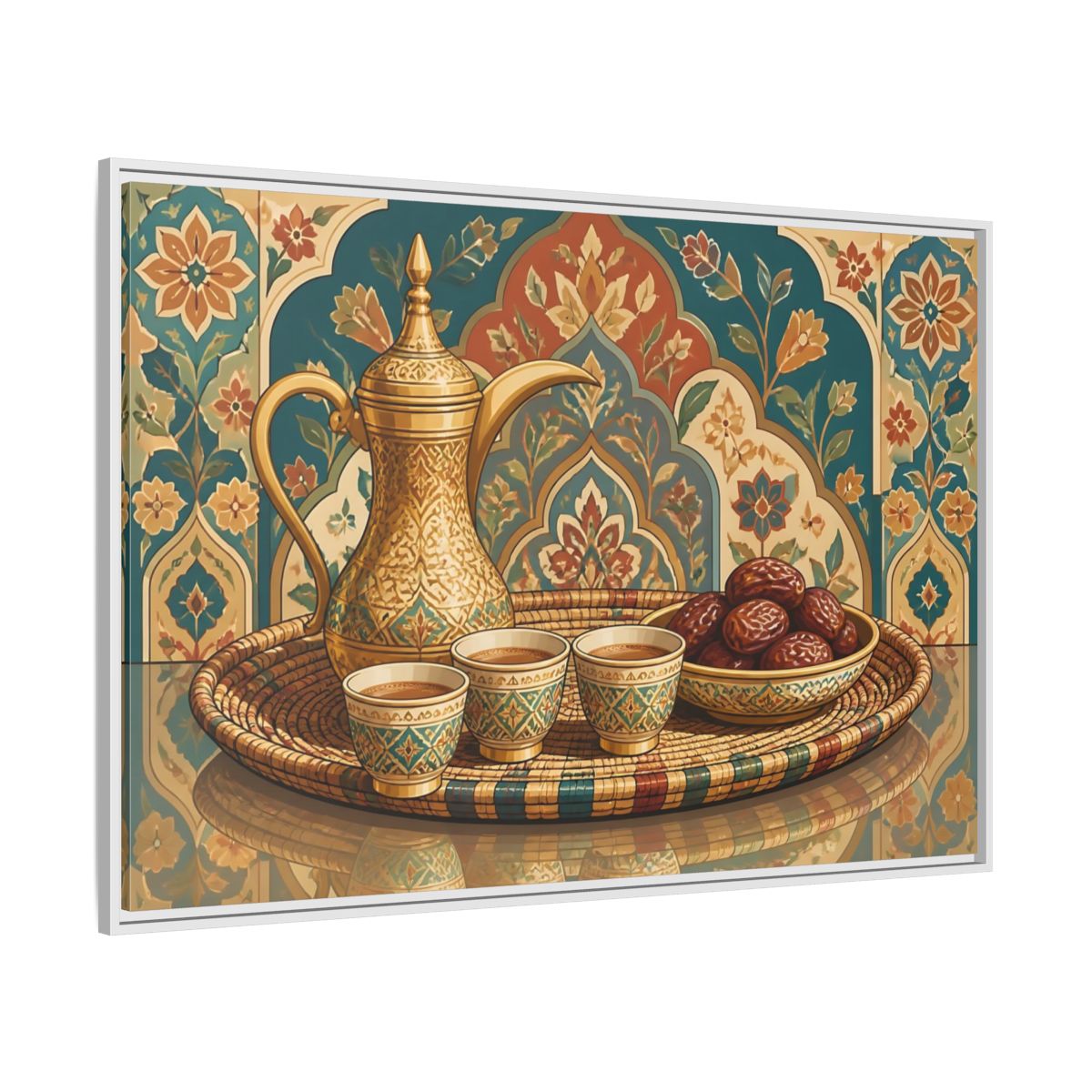 Side Mockup 7. Arabic Coffee And Dates shown as framed canvas print