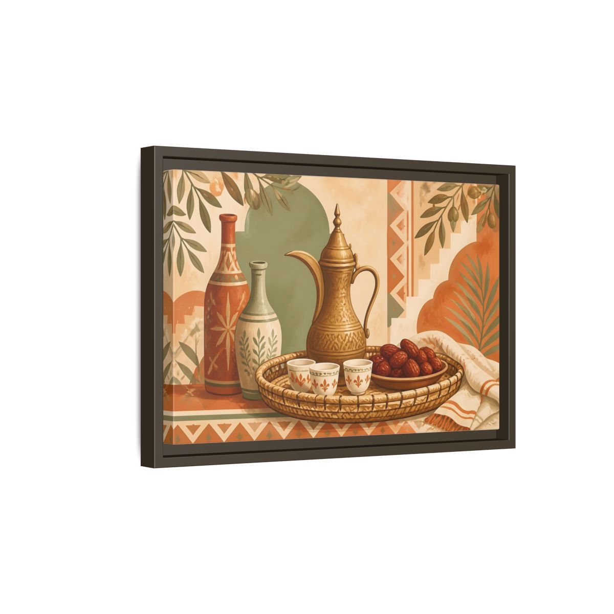 Side Mockup 5. Arabic Coffee And Dates shown as framed canvas print