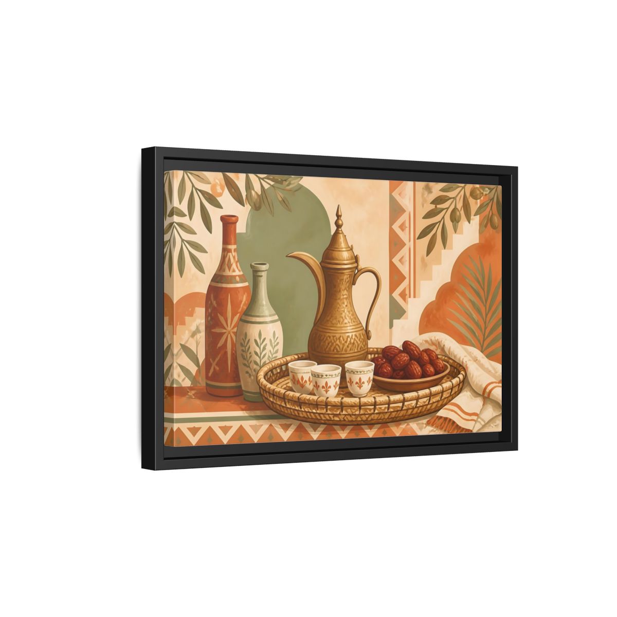 Side Mockup 6. Arabic Coffee And Dates shown as framed canvas print