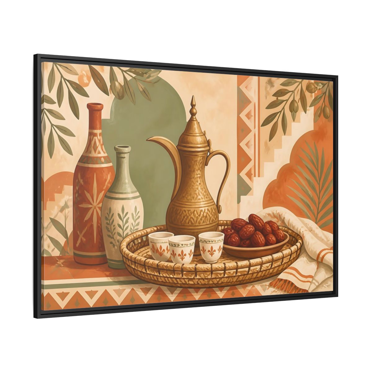 Side Mockup 12. Arabic Coffee And Dates shown as framed canvas print