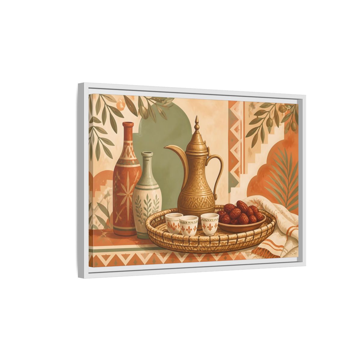 Side Mockup 1. Arabic Coffee And Dates shown as framed canvas print