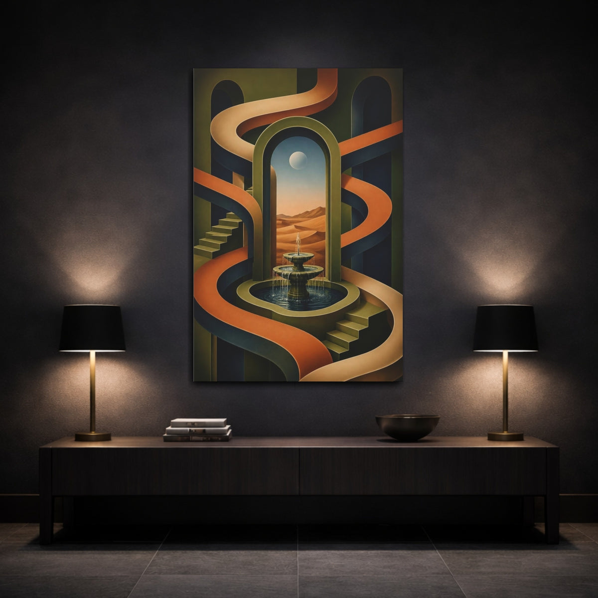 Mockup 3. Archway Illusion With Fountain shown as canvas print