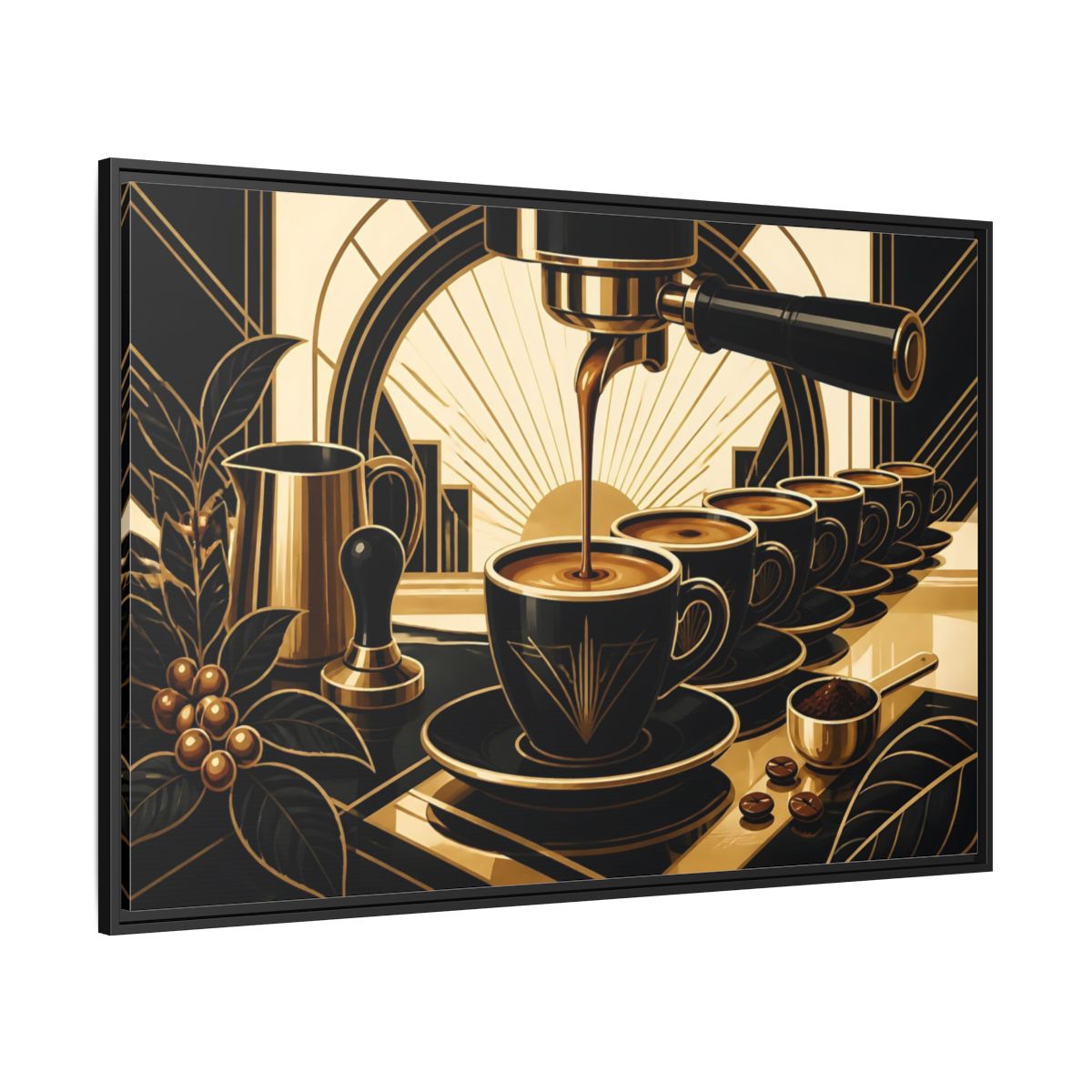 Side Mockup 12. Art Deco Espresso Row shown as framed canvas print