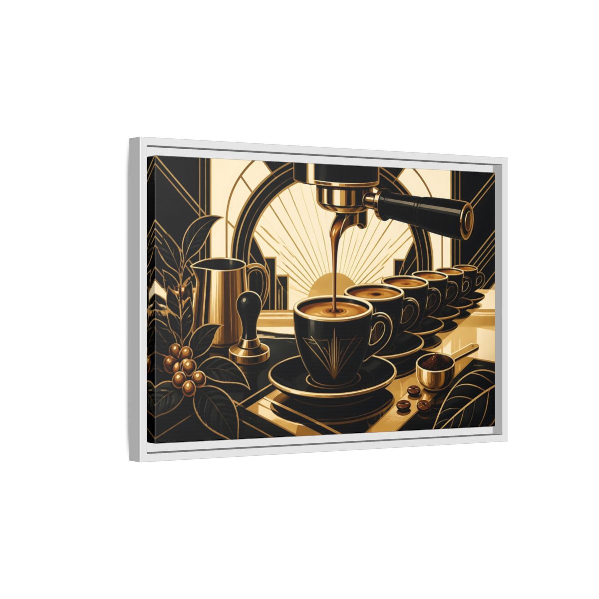 Side Mockup 1. Art Deco Espresso Row shown as framed canvas print