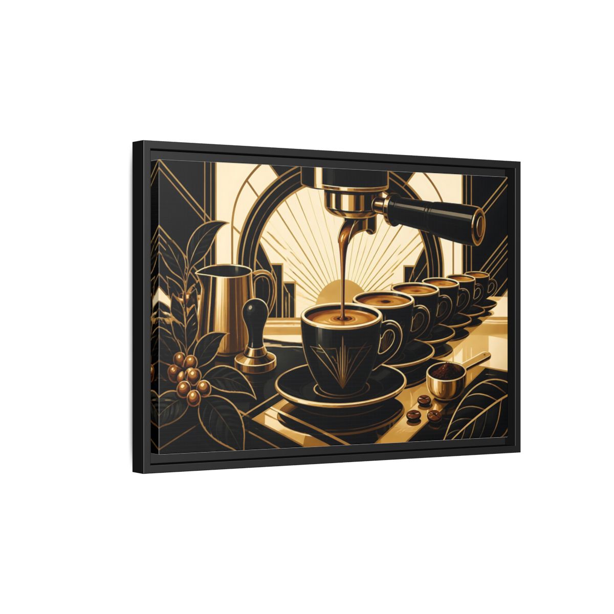 Side Mockup 3. Art Deco Espresso Row shown as framed canvas print