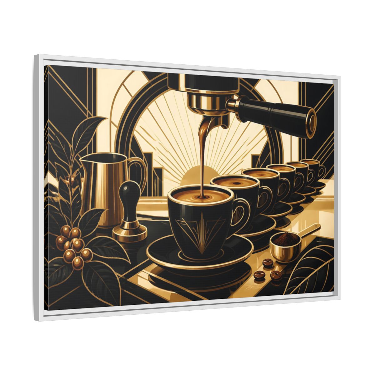 Side Mockup 9. Art Deco Espresso Row shown as framed canvas print