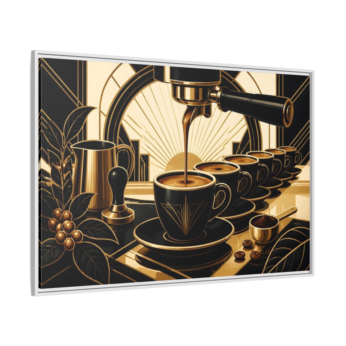 Side Mockup 7. Art Deco Espresso Row shown as framed canvas print