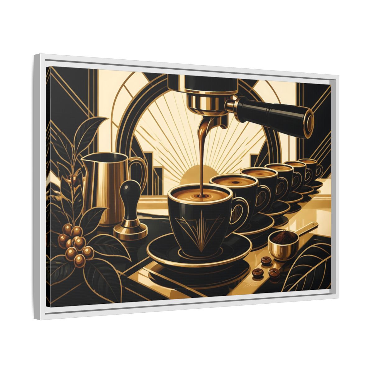 Side Mockup 10. Art Deco Espresso Row shown as framed canvas print