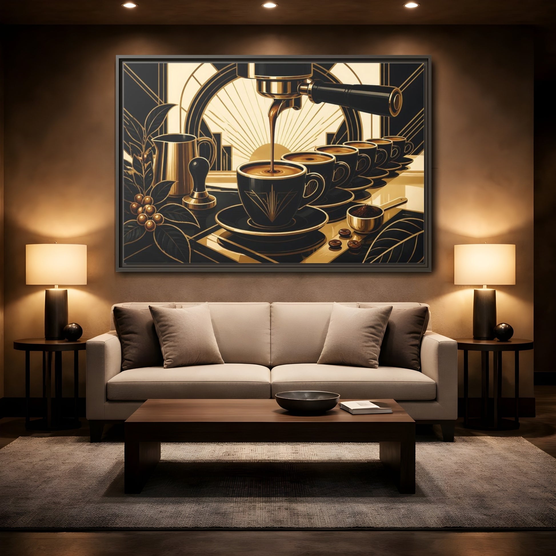 Mockup 2. Art Deco Espresso Row shown as framed canvas print