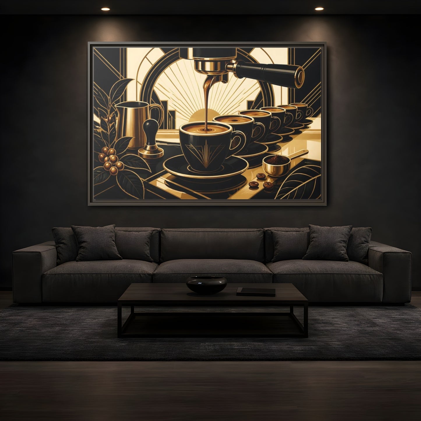 Mockup 3. Art Deco Espresso Row shown as framed canvas print