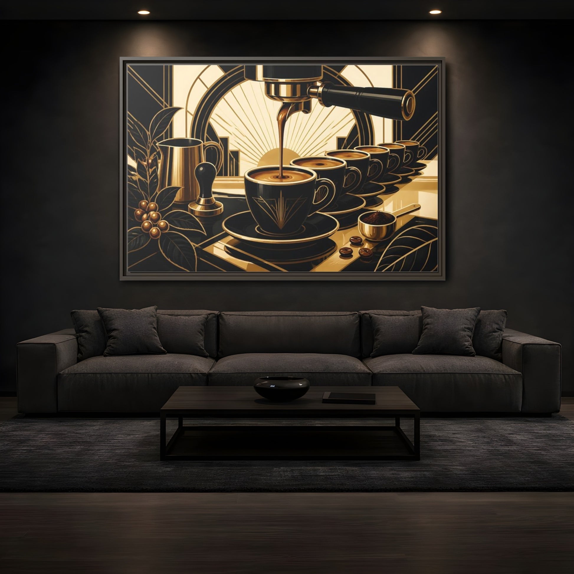 Mockup 3. Art Deco Espresso Row shown as framed canvas print