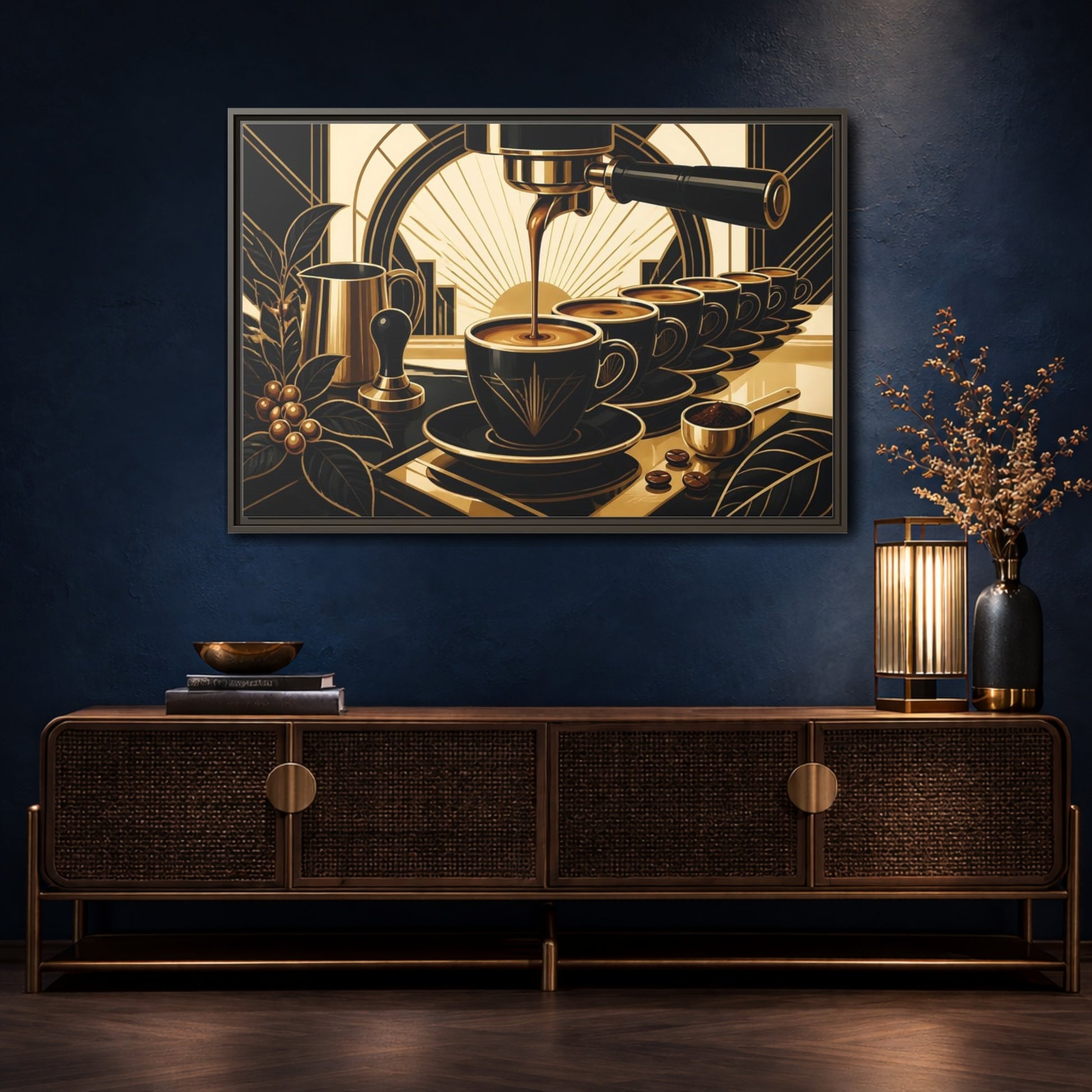 Mockup 4. Art Deco Espresso Row shown as framed canvas print