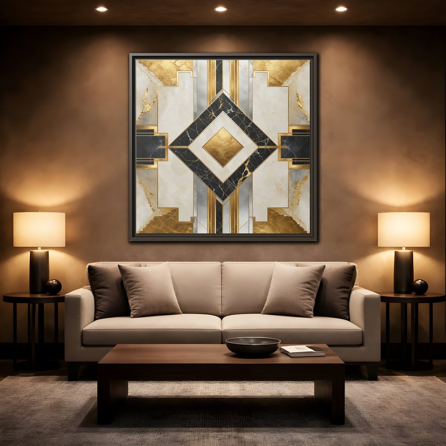 Mockup 2. Art Deco Gold Diamond shown as framed canvas print