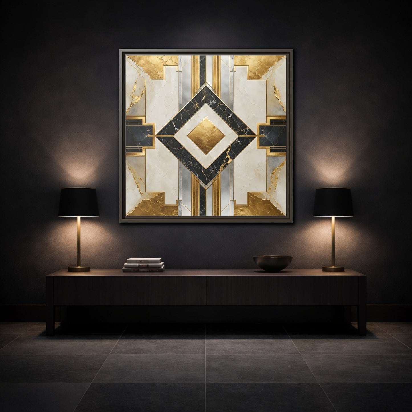 Mockup 3. Art Deco Gold Diamond shown as framed canvas print