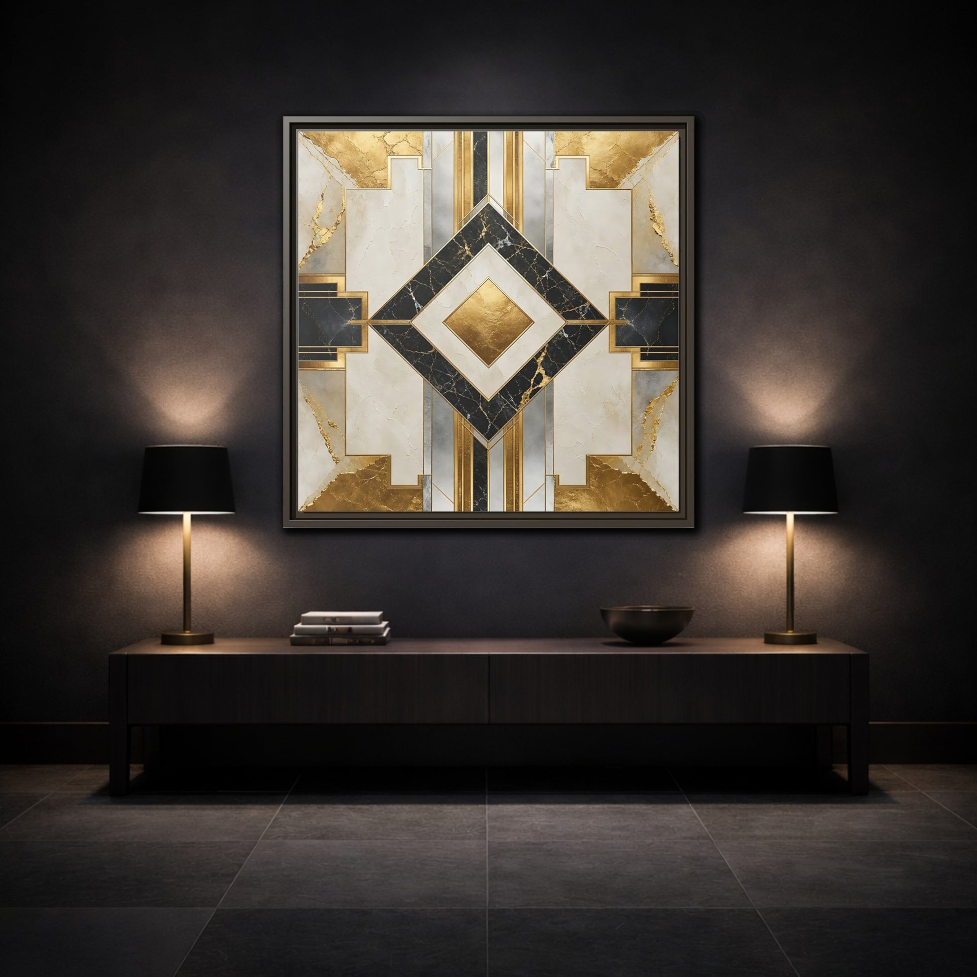 Mockup 3. Art Deco Gold Diamond shown as framed canvas print