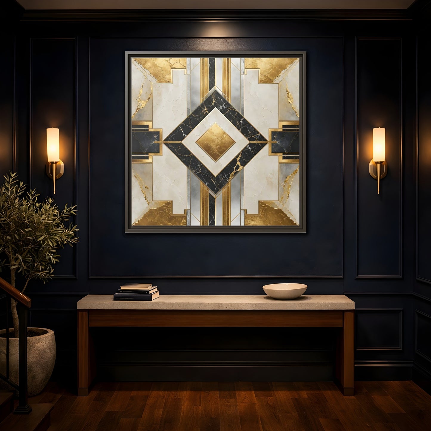 Mockup 4. Art Deco Gold Diamond shown as framed canvas print