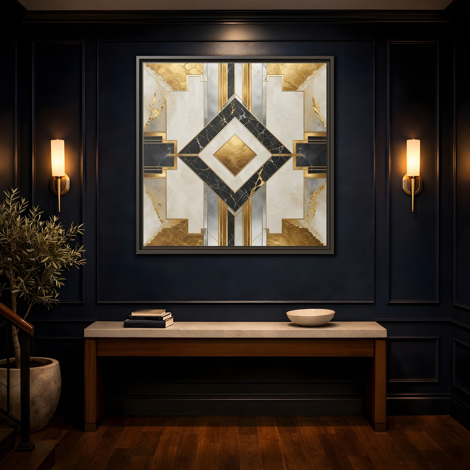 Mockup 4. Art Deco Gold Diamond shown as framed canvas print