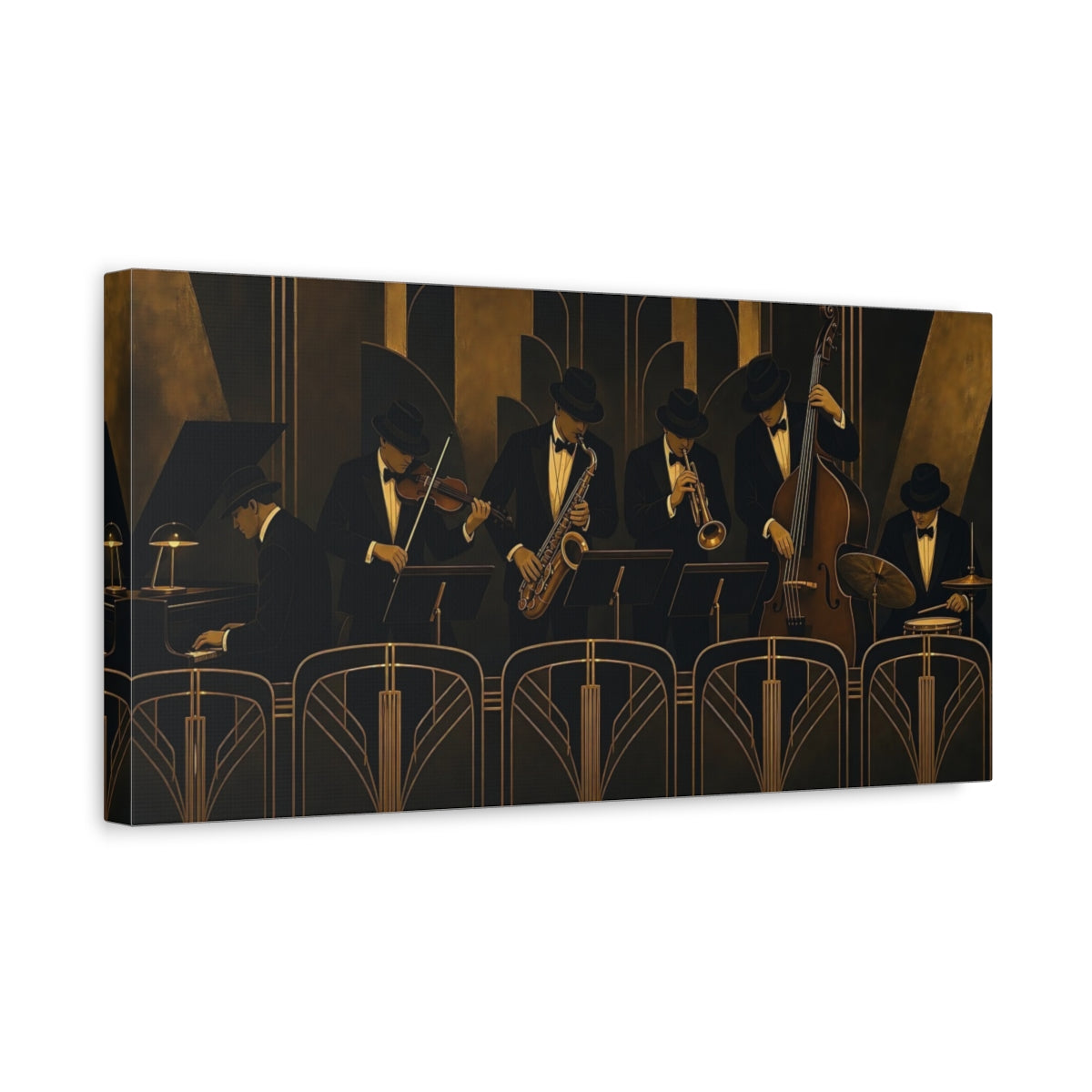 Side Mockup 3. Art Deco Jazz Ensemble shown as canvas print