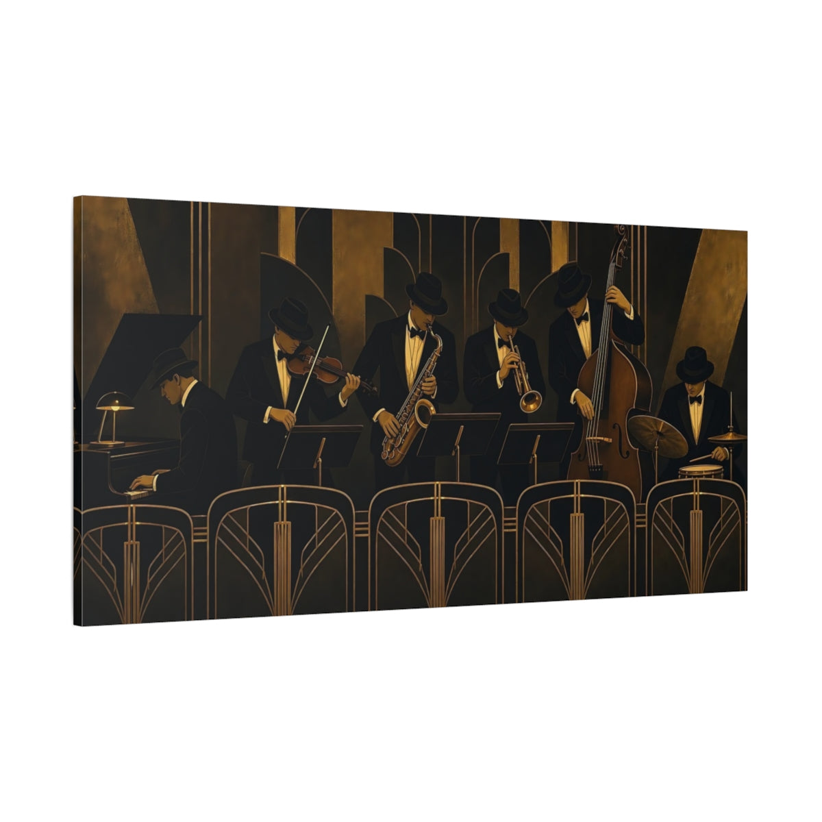 Side Mockup 2. Art Deco Jazz Ensemble shown as canvas print