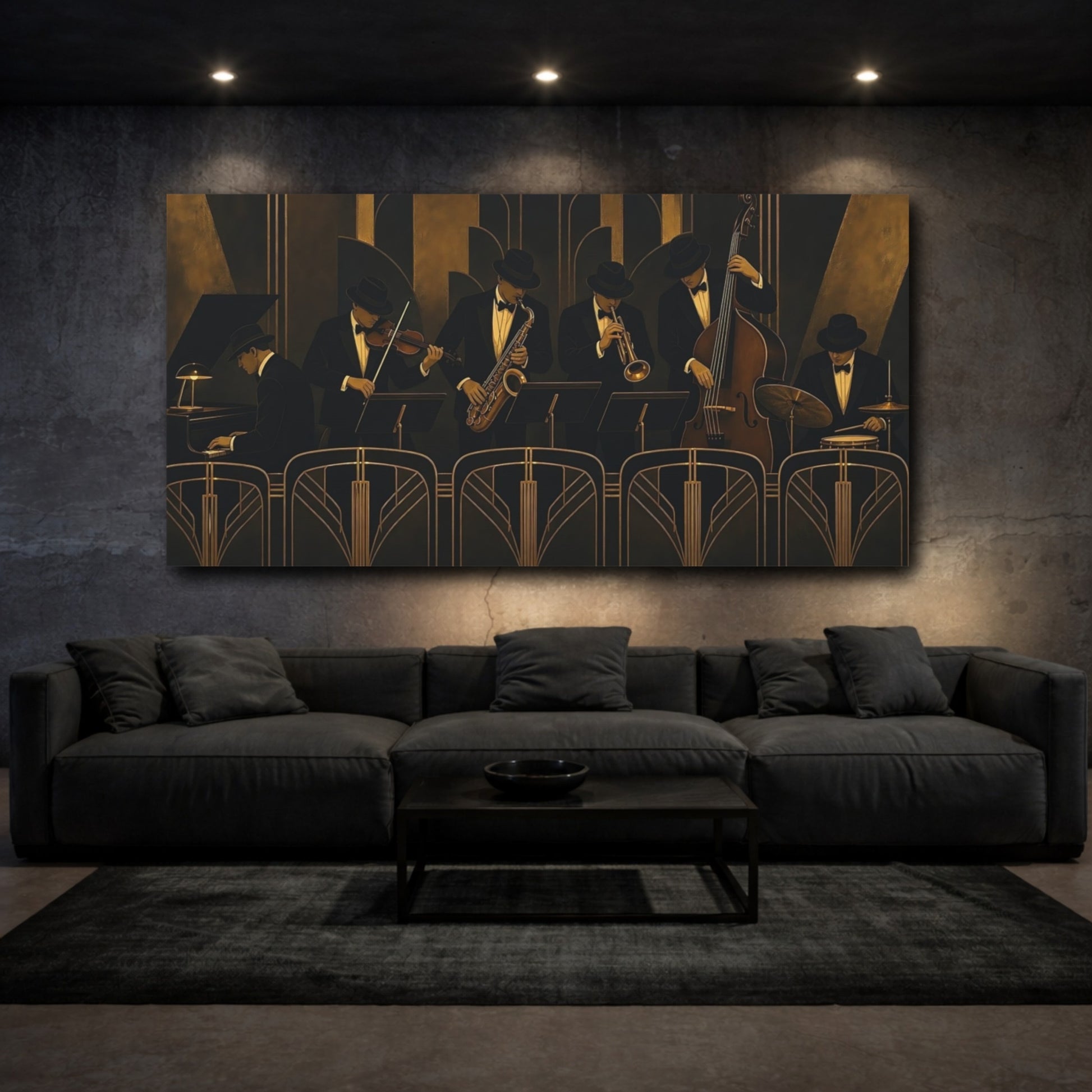 Mockup 3. Art Deco Jazz Ensemble shown as canvas print