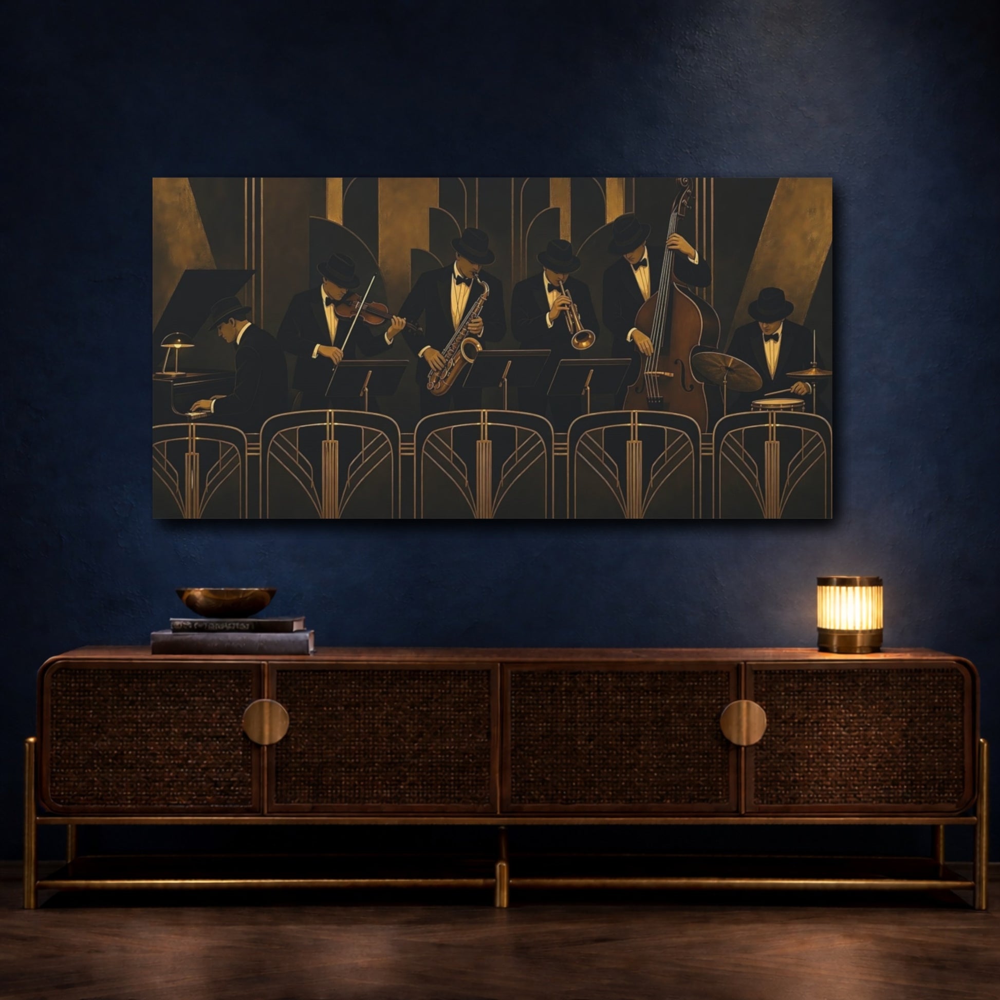 Mockup 4. Art Deco Jazz Ensemble shown as canvas print