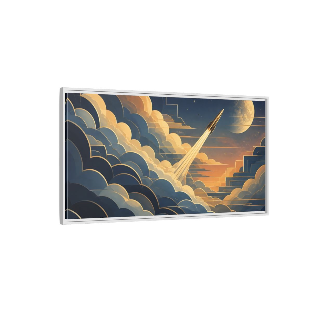 Side Mockup 3. Art Deco Rocket Ascent shown as framed canvas print
