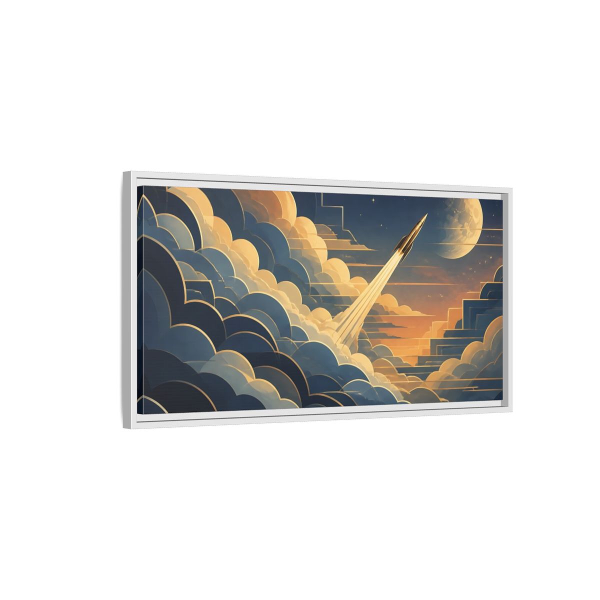 Side Mockup 1. Art Deco Rocket Ascent shown as framed canvas print