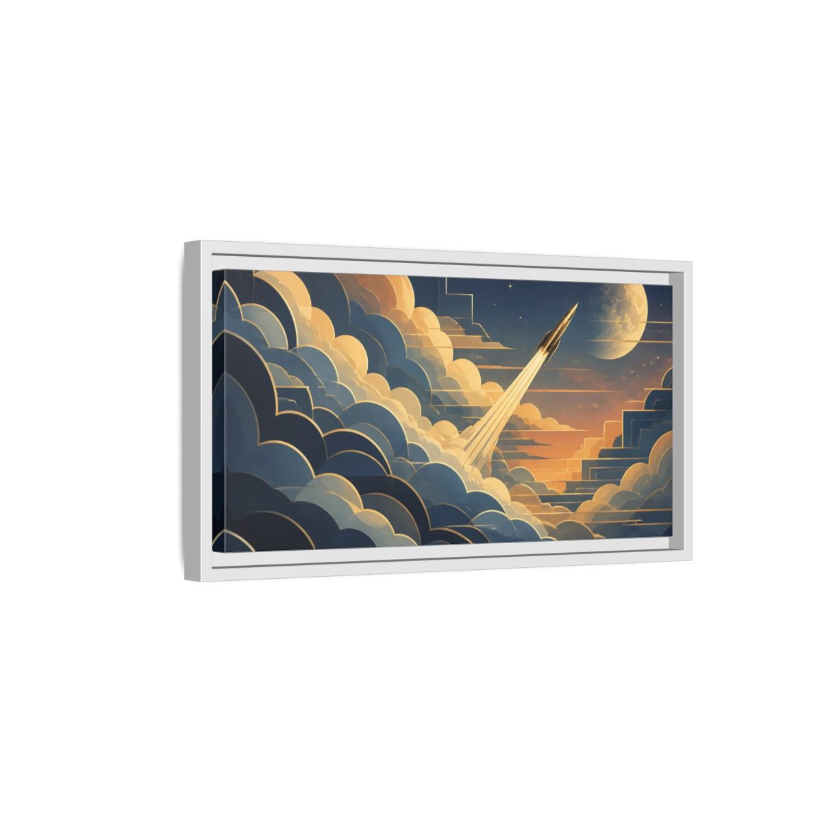 Side Mockup 6. Art Deco Rocket Ascent shown as framed canvas print